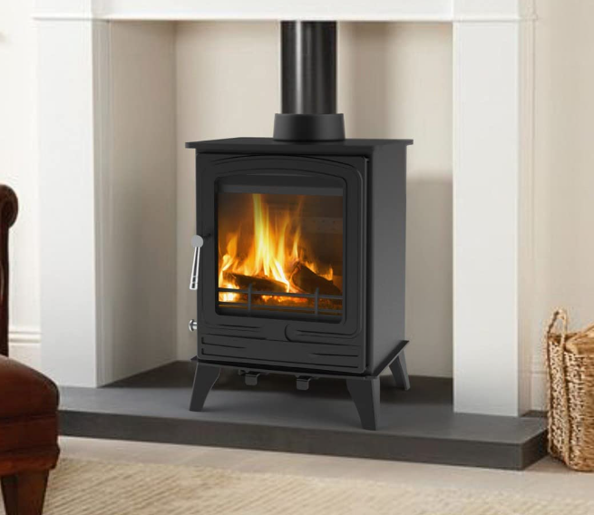 Photo of a lit log burner in a living room