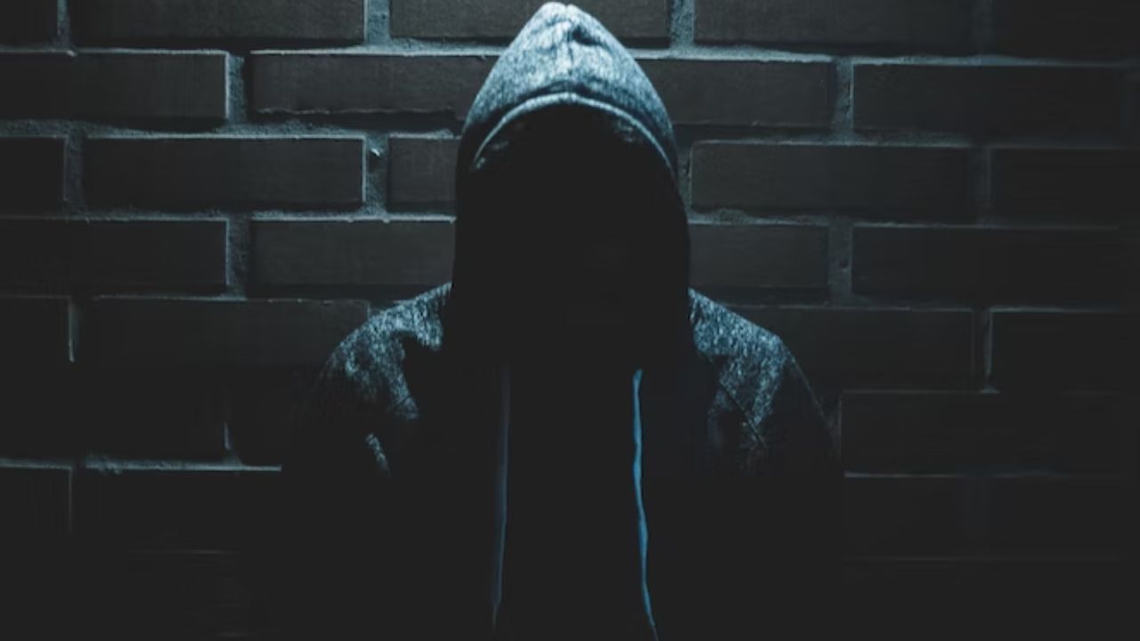 Photo of a potential burglar wearing a dark hoodie stood in front of a brick wall
